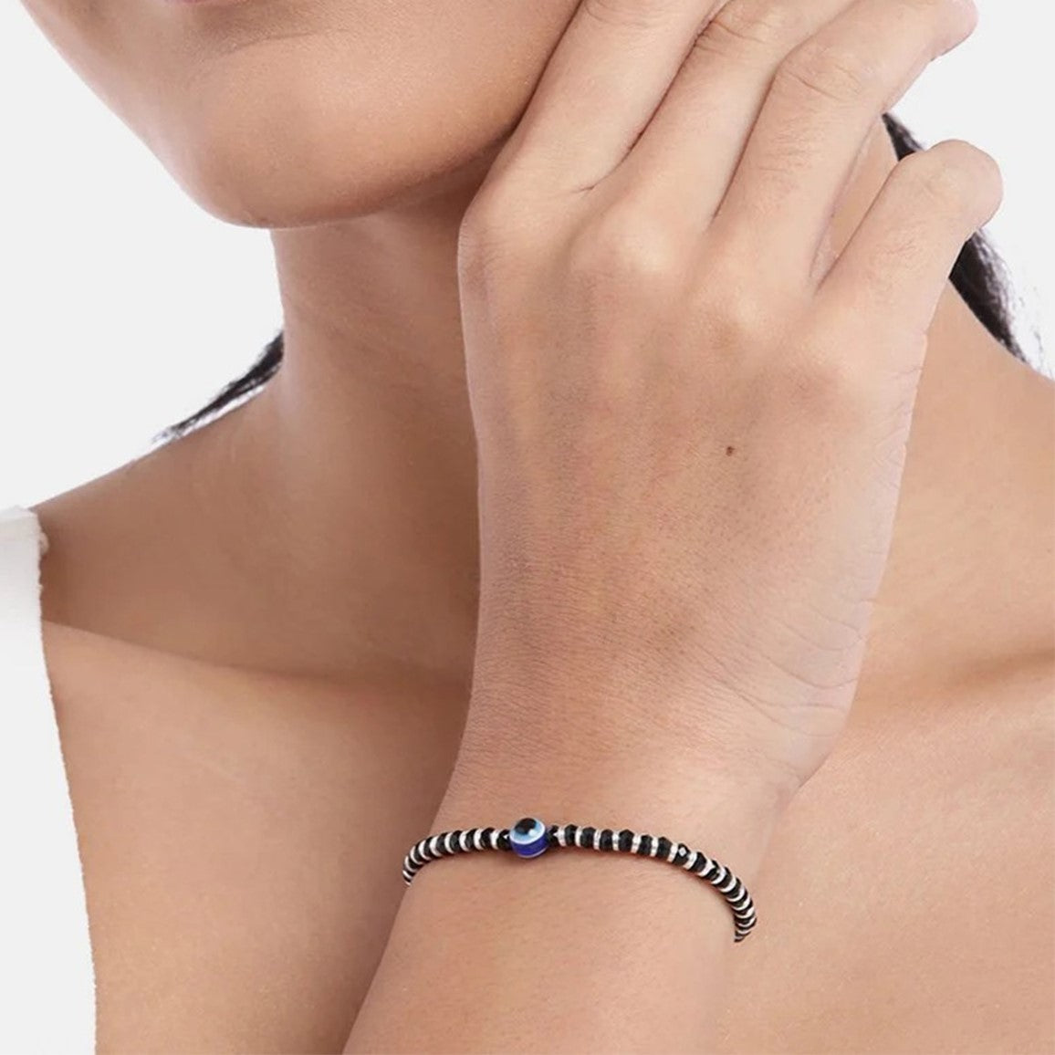 Evil Eye Black Beads 925 Sterling Silver Adjustable Bracelet