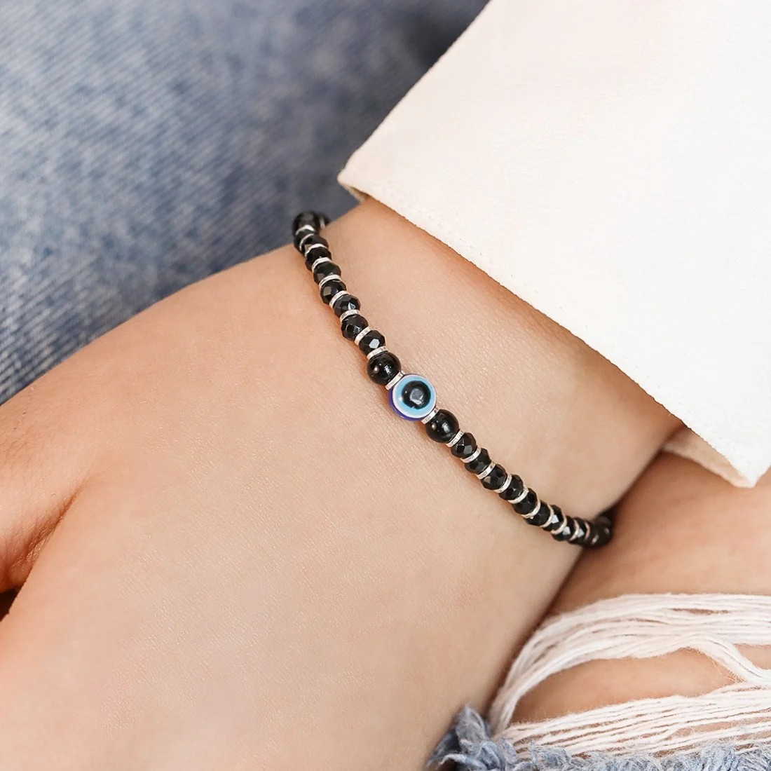 Evil Eye Black Beads 925 Sterling Silver Adjustable Bracelet