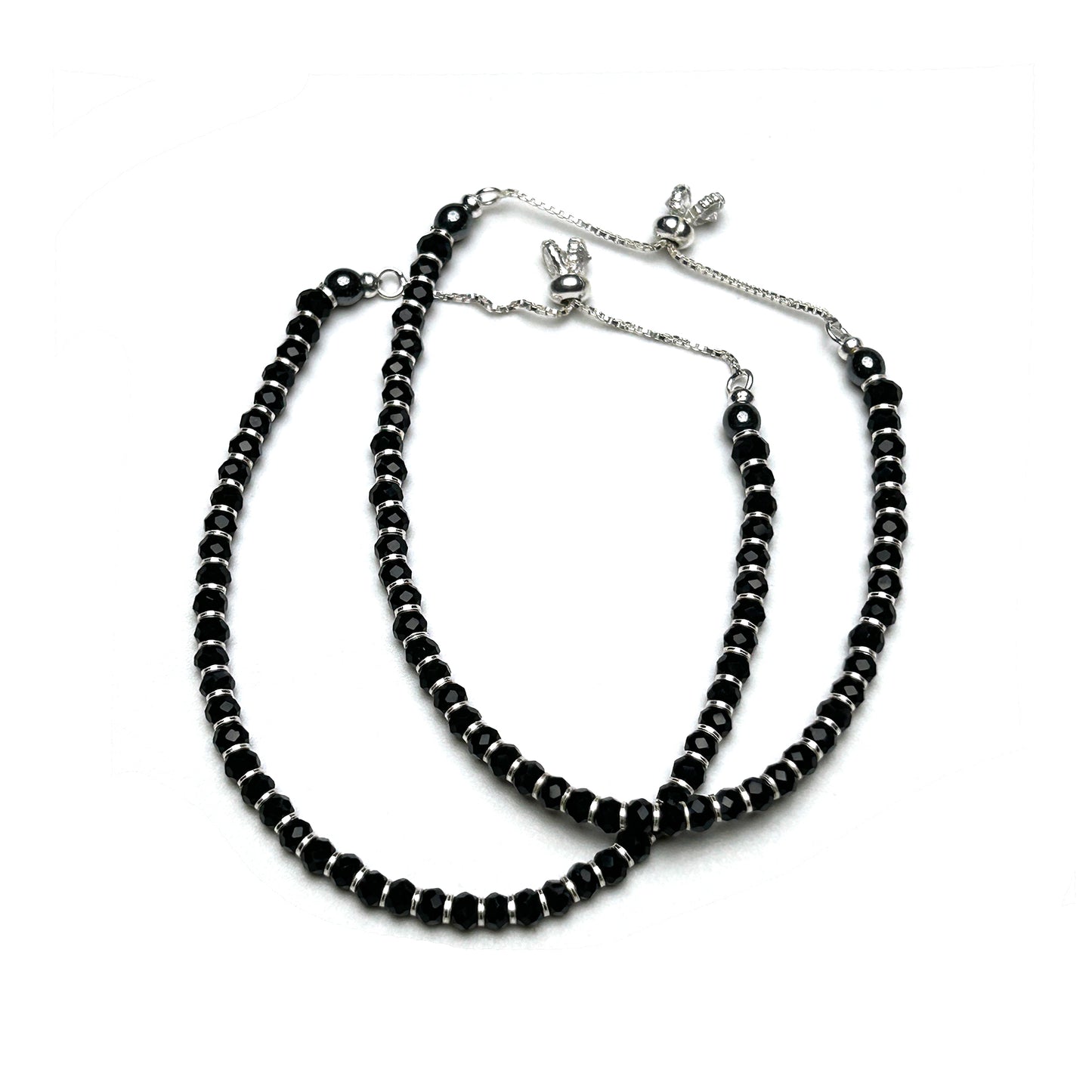 Black Beads 925 Sterling Silver Adjustable Bracelet Pair | Nazariya