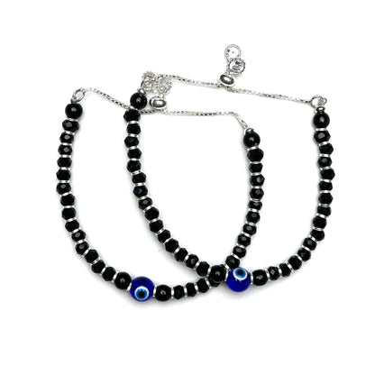 Evil Eye Black Beads 925 Sterling Silver Kids Bracelet Pair | Nazariya