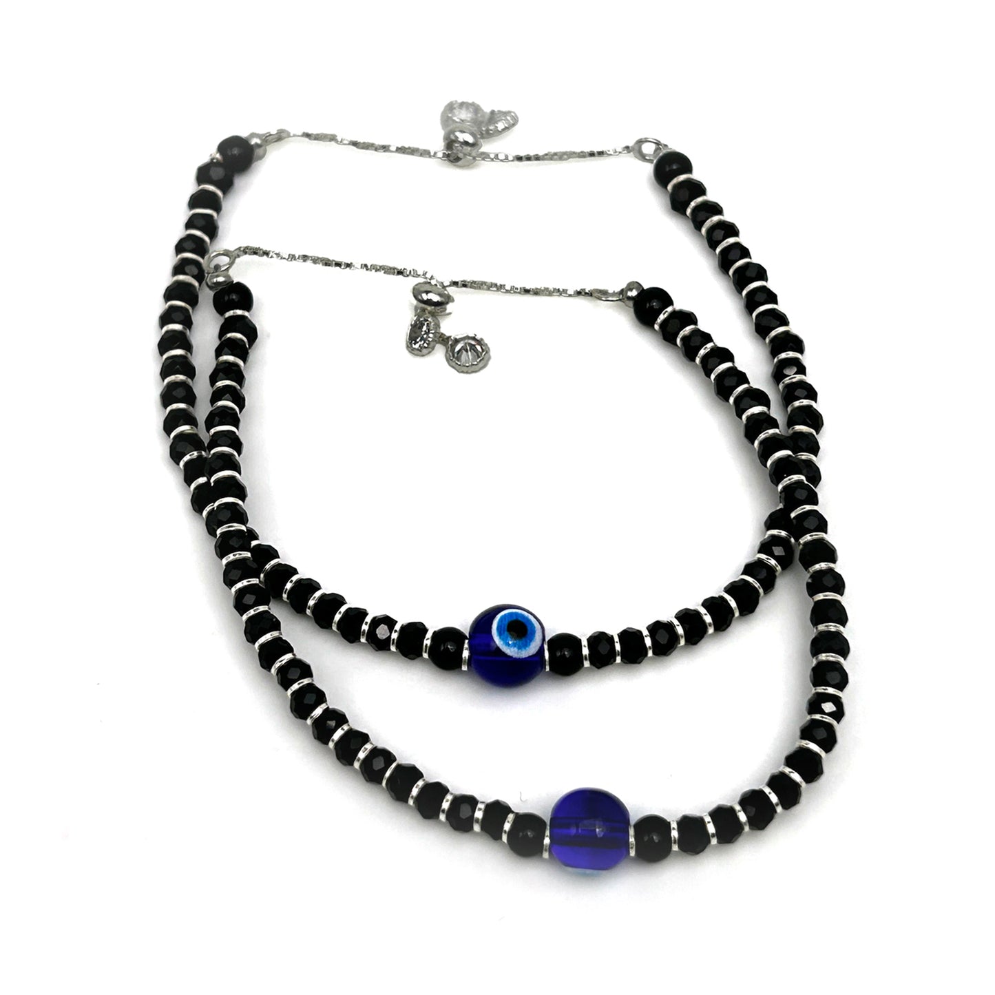 Evil Eye Black Beads 925 Sterling Silver Adjustable Bracelet