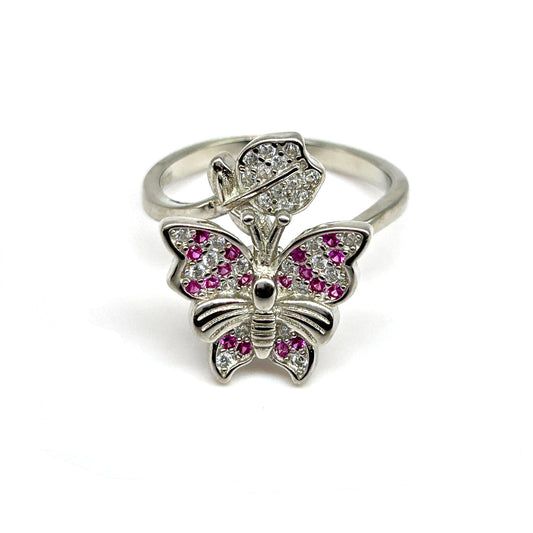 Red Butterfly Spin Silver Ring