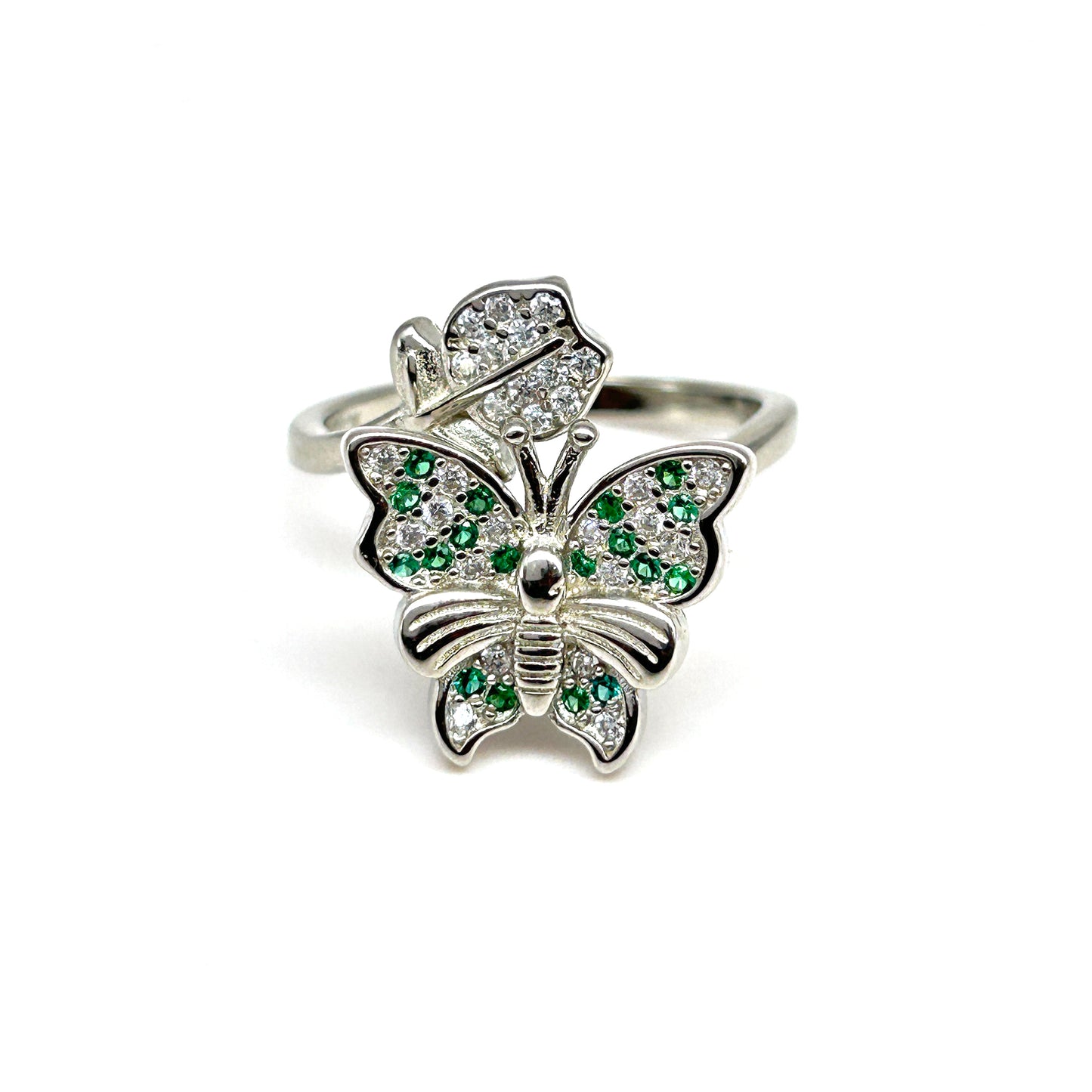 Green Butterfly Spin Silver Ring